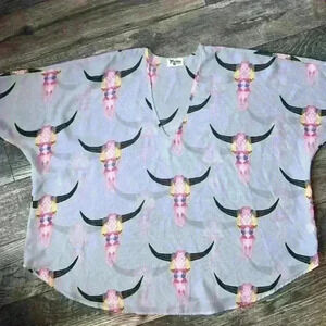 Show Me Your MuMu Oversize Cow Skull Blouse Gray Pink Cap Sleeve Women’s XS